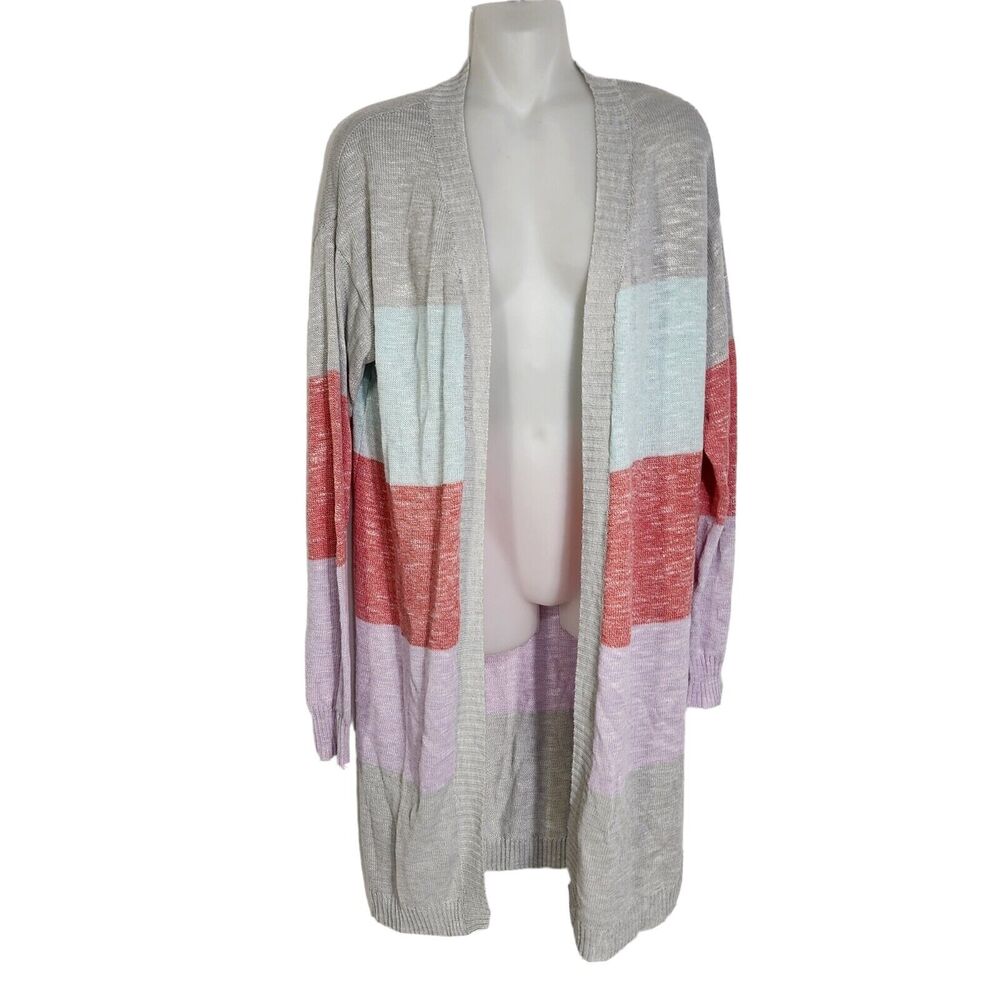 Plush Boutique Womens Cardigan Sweater Duster Small Open Front Colorblock Knit